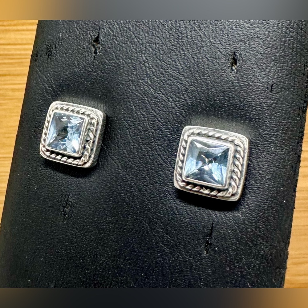 LORI BONN Sterling Silver Blue Topaz Bezel Stud Braided Square Earrings